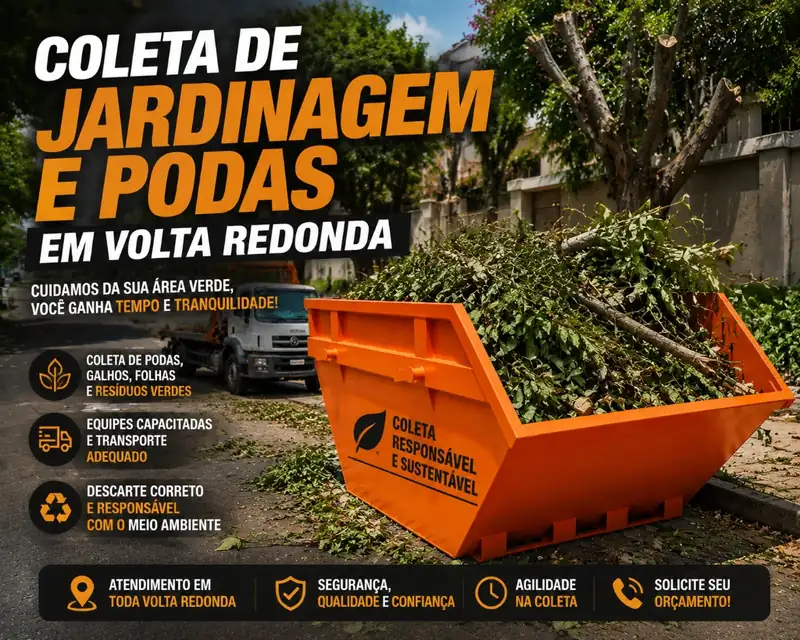 Caçamba de entulho cheia de galhos e podas de árvores em rua de Volta Redonda